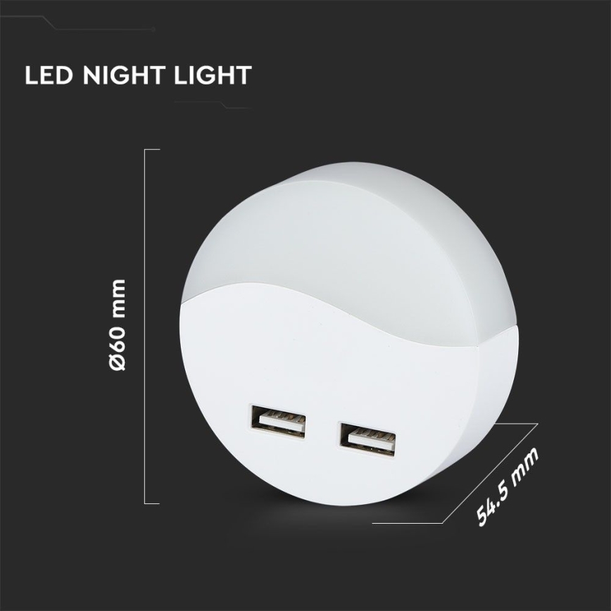 Veilleuse à brancher avec détecteur de crépuscule 2xUSB LED/0,45W/230V 3000K