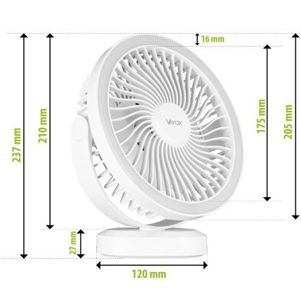 Ventilateur de table rechargeable avec éclairage LED/3W/5V USB 2400 mAh gris