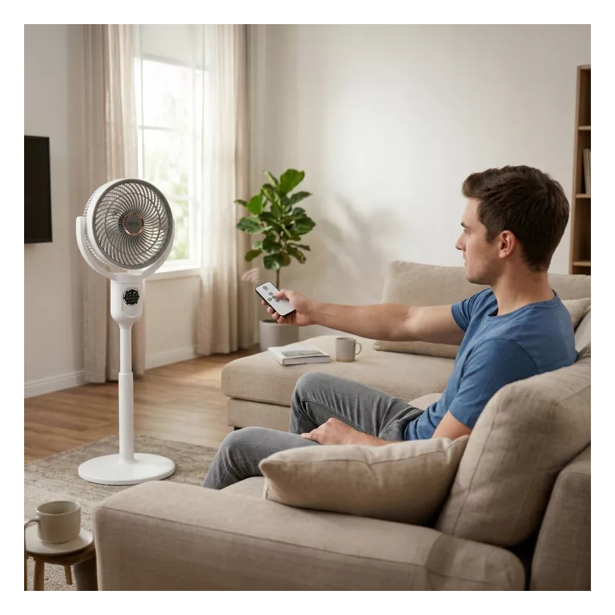 Ventilateur sur pied LED rechargeable avec éclairage LED/4,8W/5V USB 7200 mAh, blanc + télécommande