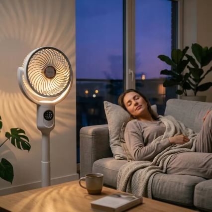 Ventilateur sur pied LED rechargeable avec éclairage LED/4,8W/5V USB 7200 mAh, blanc + télécommande