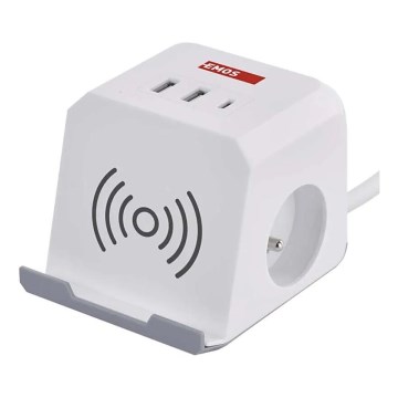 Verlengsnoer kubus met draadloos opladen QI 2Z +2xUSB-A+1xUSB-C 2m wit