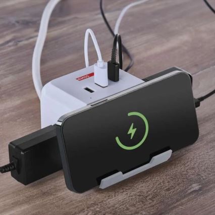 Verlengsnoer kubus met draadloos opladen QI 2Z +2xUSB-A+1xUSB-C 2m wit