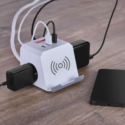 Verlengsnoer kubus met draadloos opladen QI 2Z +2xUSB-A+1xUSB-C 2m wit