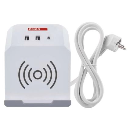 Verlengsnoer kubus met draadloos opladen QI 2Z +2xUSB-A+1xUSB-C 2m wit