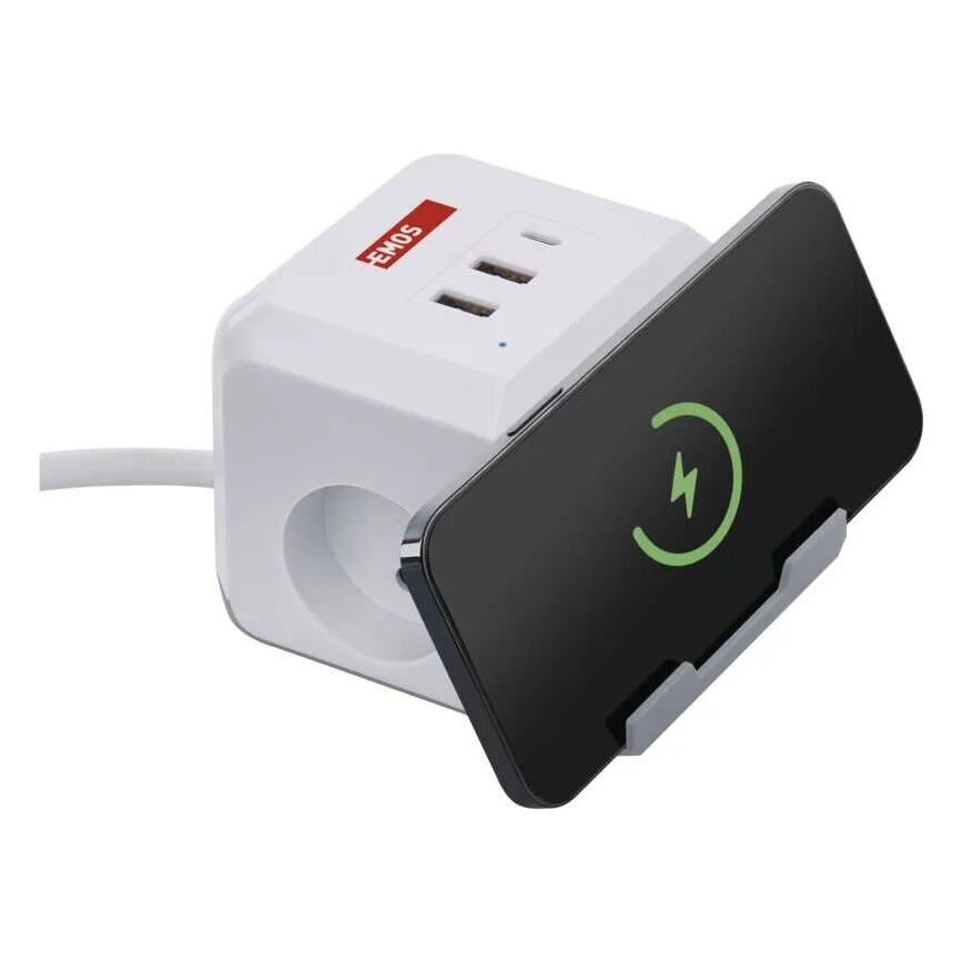 Verlengsnoer kubus met draadloos opladen QI 2Z +2xUSB-A+1xUSB-C 2m wit