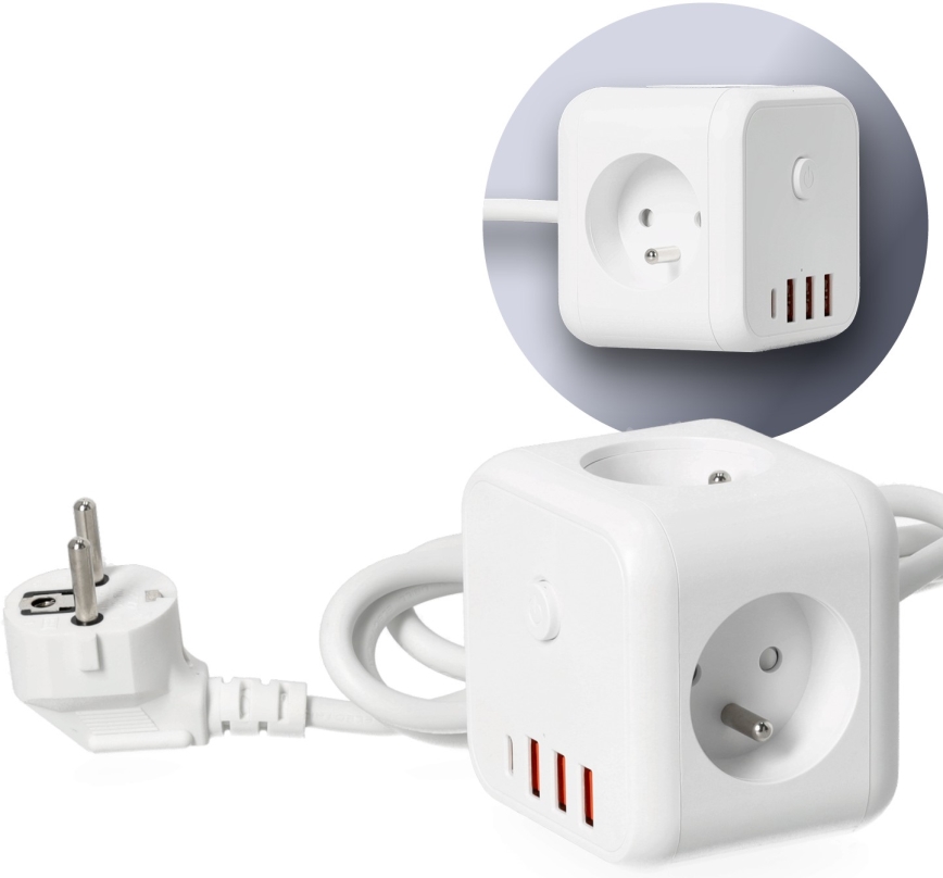 Verlengsnoer kubus met schakelaar LINEA 3x230V + 4xUSB A/C wit