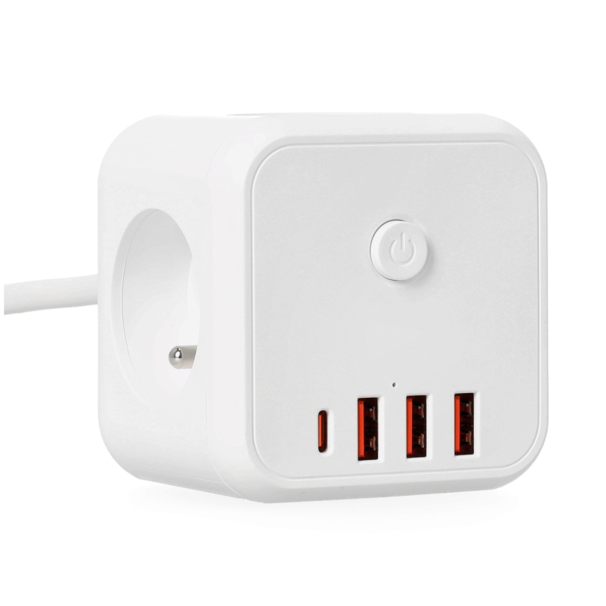Verlengsnoer kubus met schakelaar LINEA 3x230V + 4xUSB A/C wit