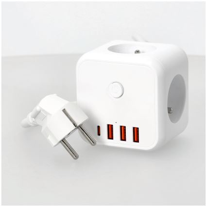 Verlengsnoer kubus met schakelaar LINEA 3x230V + 4xUSB A/C wit