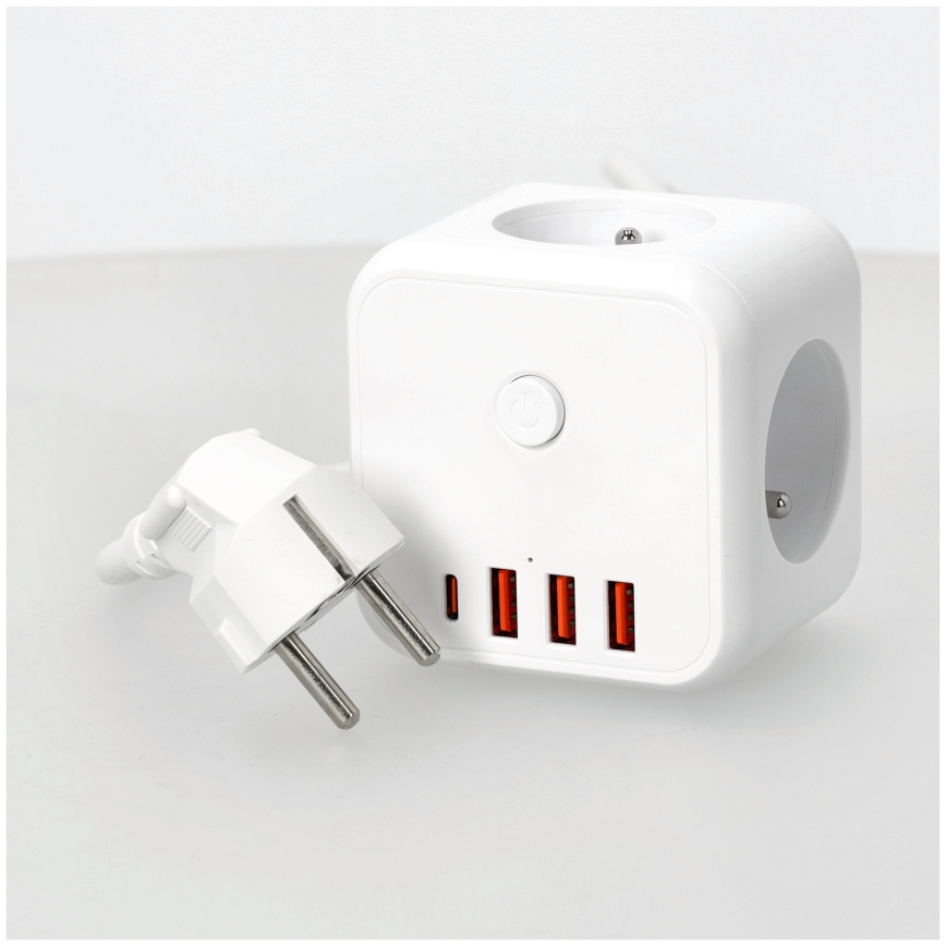 Verlengsnoer kubus met schakelaar LINEA 3x230V + 4xUSB A/C wit