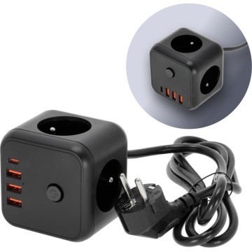 Verlengsnoer kubus met schakelaar LINEA 3x230V + 4xUSB A/C zwart