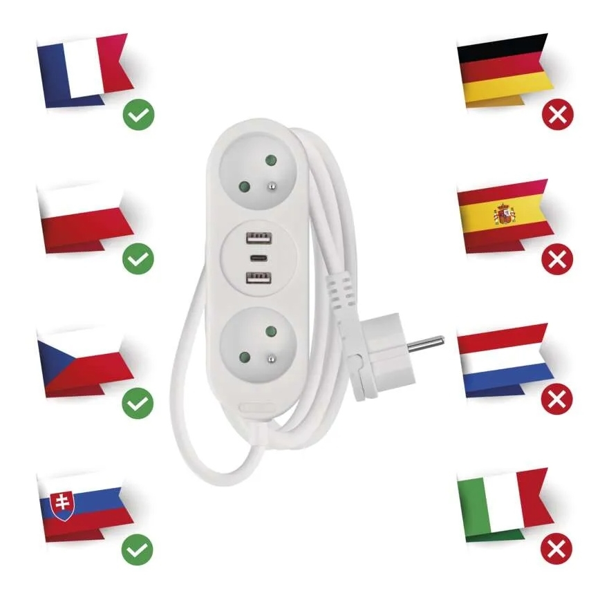 Verlengsnoer met 2 stopcontacten + 2x USB-A + USB-C, 1,4 m