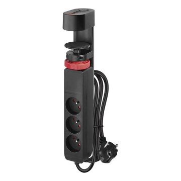 Verlengsnoer met bevestiging aan tafel 3Z + 3xUSB 1,5m zwart