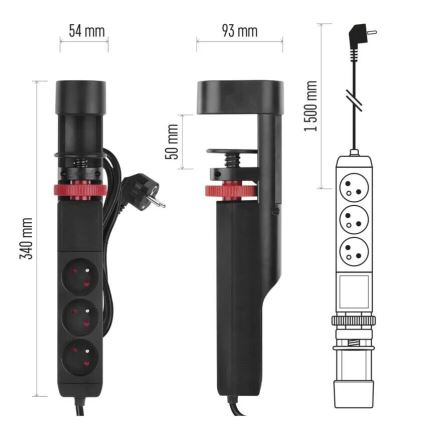 Verlengsnoer met bevestiging aan tafel 3Z + 3xUSB 1,5m zwart