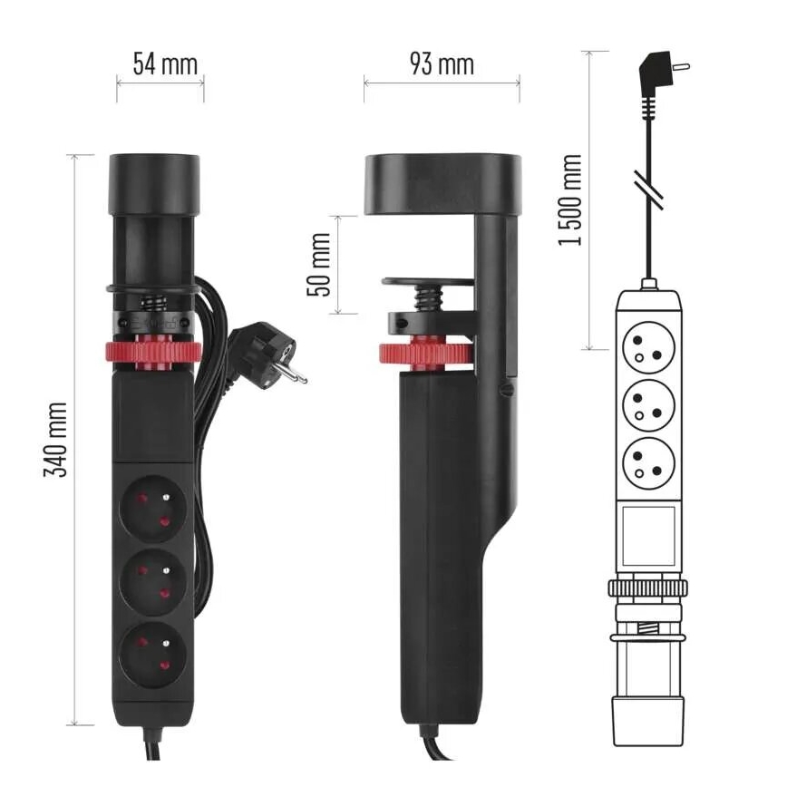 Verlengsnoer met bevestiging aan tafel 3Z + 3xUSB 1,5m zwart