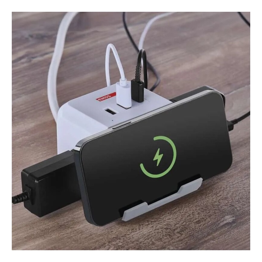 Verlengsnoer met stekkerdoos en draadloos QI-opladen 2x USB-A + 1x USB-C 2m wit