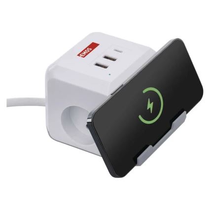 Verlengsnoer met stekkerdoos en draadloos QI-opladen 2x USB-A + 1x USB-C 2m wit