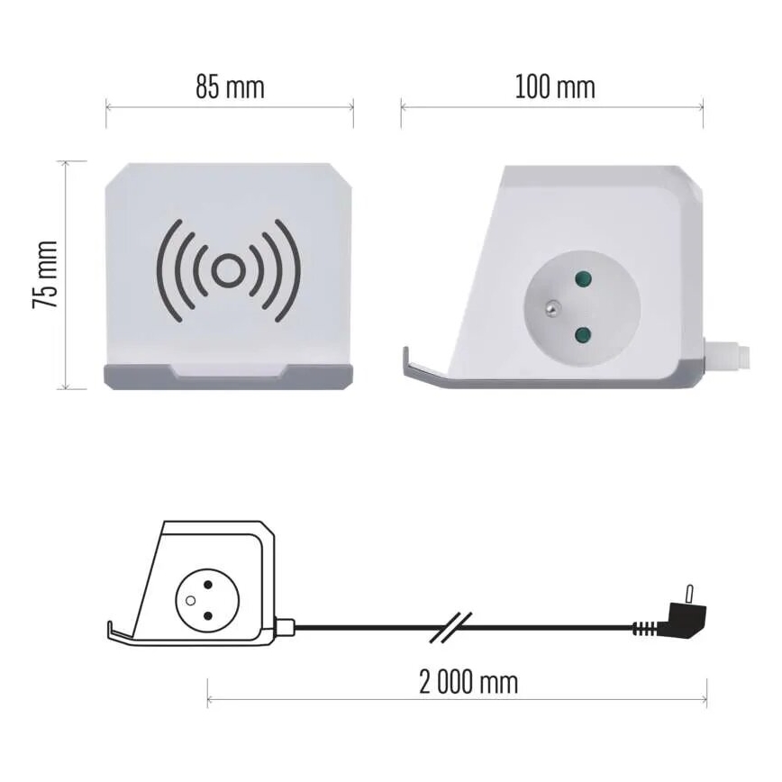 Verlengsnoer met stekkerdoos en draadloos QI-opladen 2x USB-A + 1x USB-C 2m wit