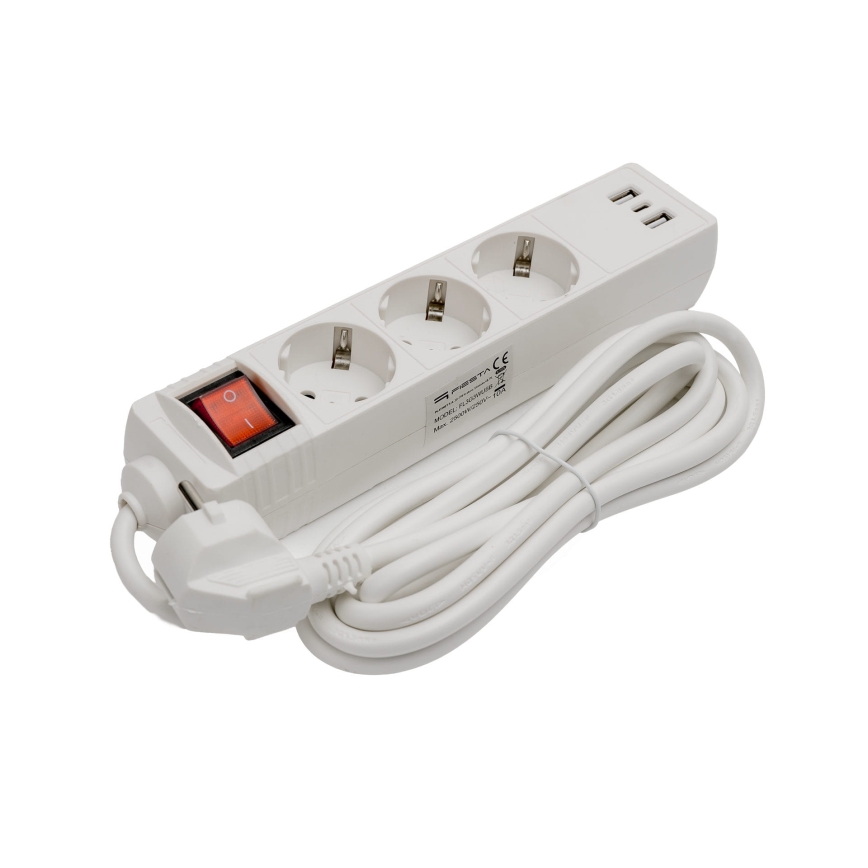 Verlengsnoer met schakelaar 3x stopcontact + 2x USB-A + 1x USB-C 3 m SCHUKO wit