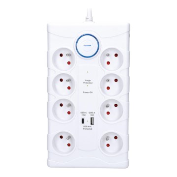 Verlengsnoer met schakelaar en overspanningsbeveiliging 8Z Type E + 1x USB-A + 1x USB-C 2 m wit