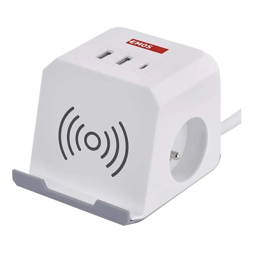 Verlengsnoer met stekkerdoos en draadloos QI-opladen 2x USB-A + 1x USB-C 2m wit