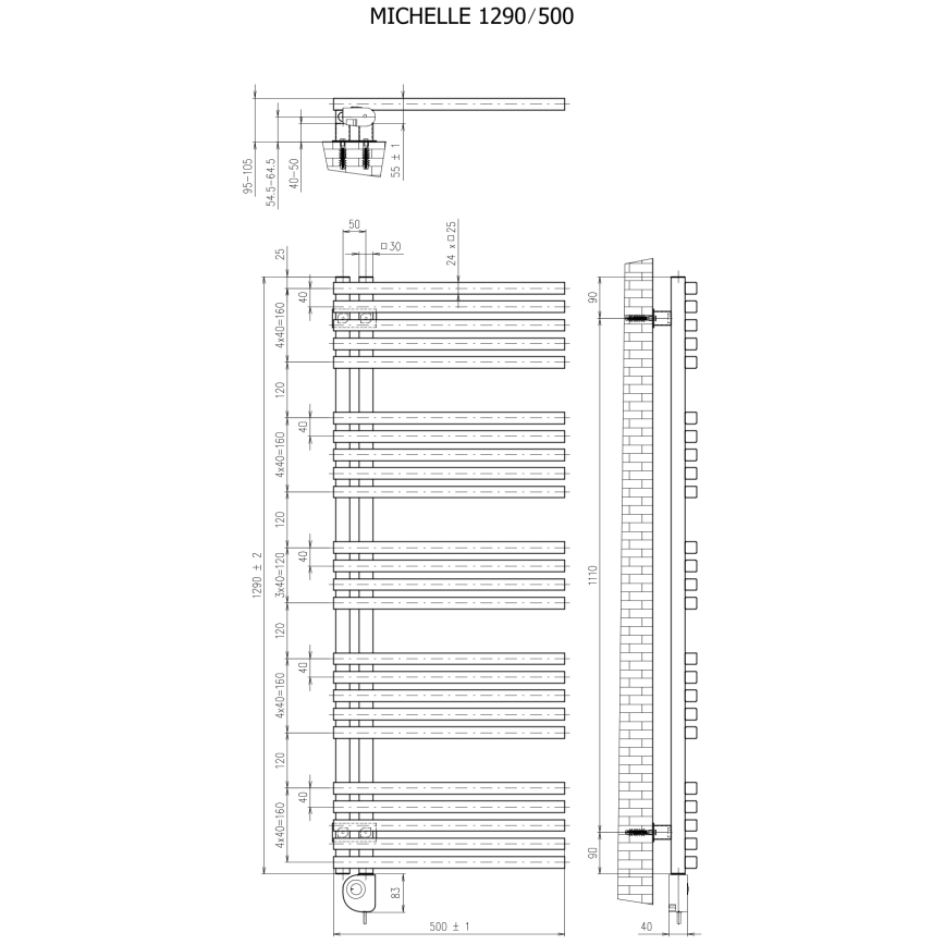 Vertaduro - Badkamerradiator MICHELLE met thermostaat, 600 W, 129 x 50 cm, wit