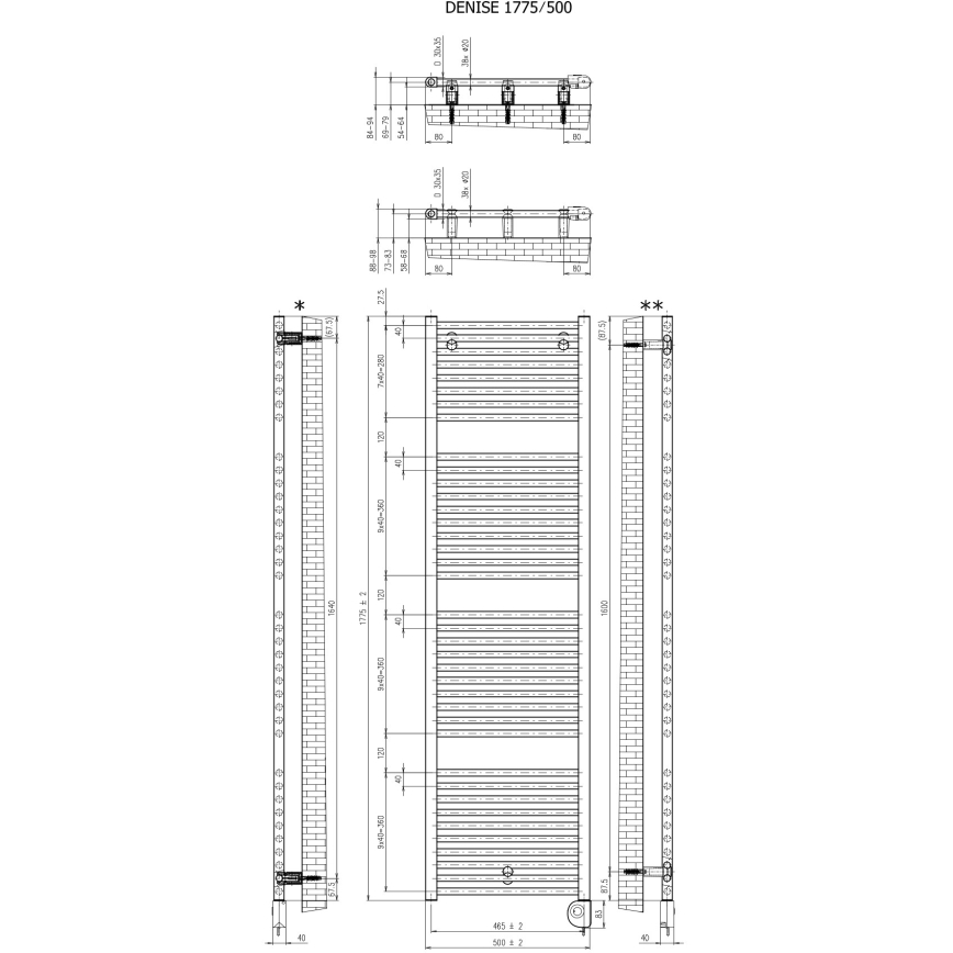 Vertaduro - Radiateur de salle de bains avec thermostat DENISE 800 W 178 x 50 cm noir