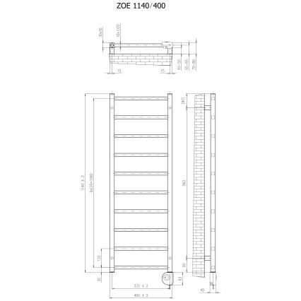 Vertaduro - Radiateur de salle de bains ZOE 400 W avec thermostat, 114 x 40 cm, taupe