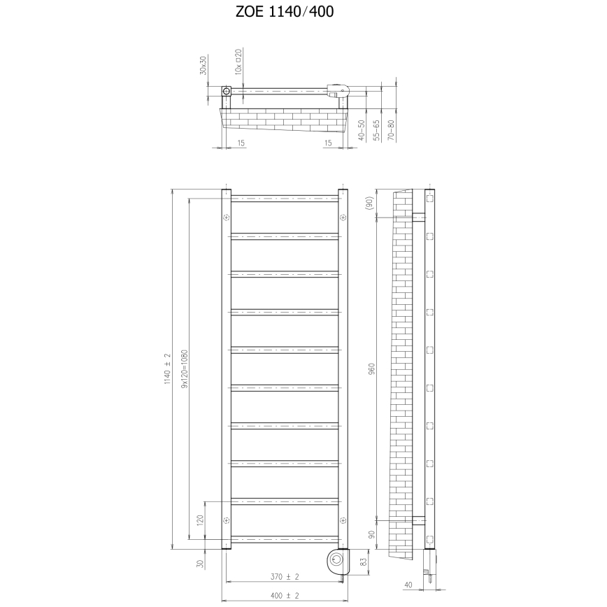 Vertaduro - Radiateur de salle de bains ZOE 400 W avec thermostat, 114 x 40 cm, taupe