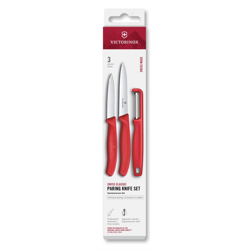 Victorinox - Ensemble SWISS CLASSIC de 3 couteaux de cuisine avec économe, rouge