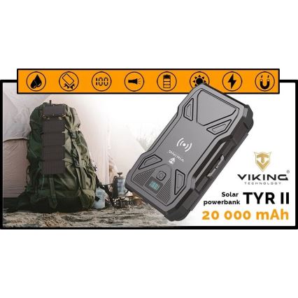 Viking - Batterie externe avec lampe torche LED intégrée, recharge sans fil et panneau solaire, Power Delivery 22,5 W / 20 000 mAh
