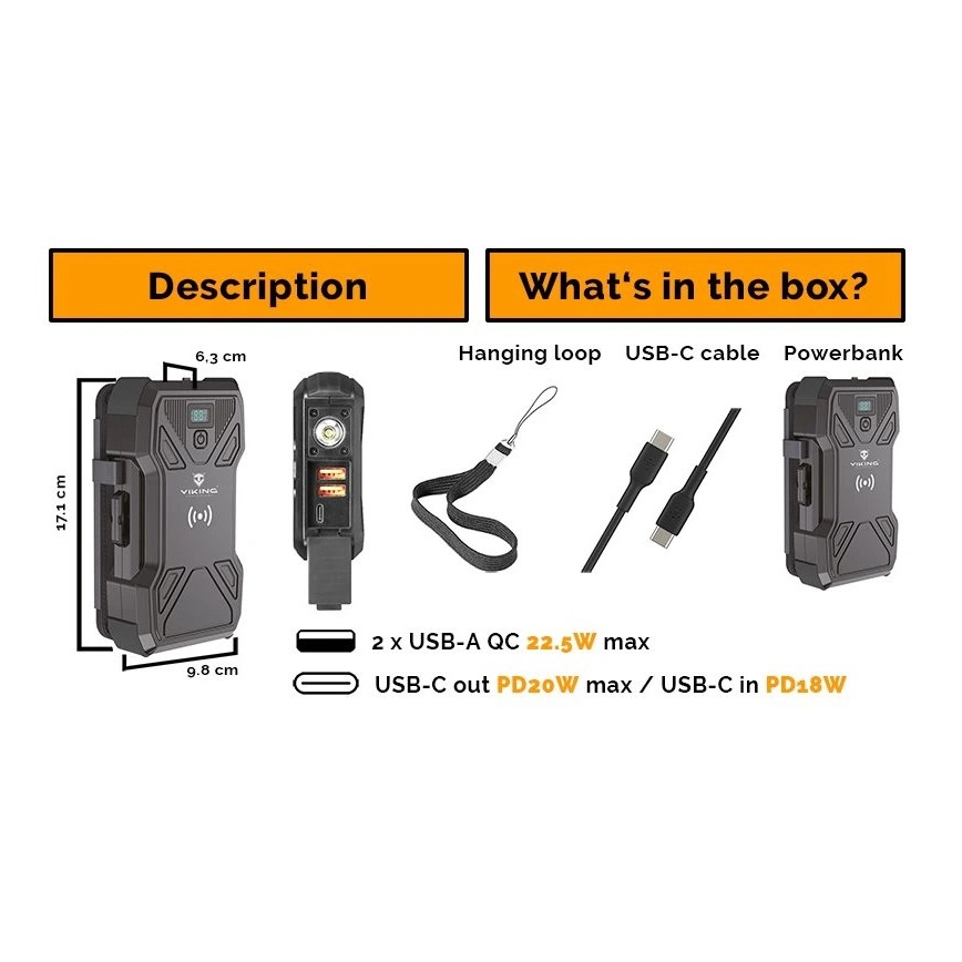 Viking - Batterie externe avec lampe LED, charge sans fil et panneau solaire Power Delivery 22,5W/30000 mAh