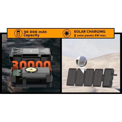 Viking - Batterie externe avec lampe LED, charge sans fil et panneau solaire Power Delivery 22,5W/30000 mAh