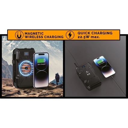 Viking - Batterie externe avec lampe LED, charge sans fil et panneau solaire Power Delivery 22,5W/30000 mAh