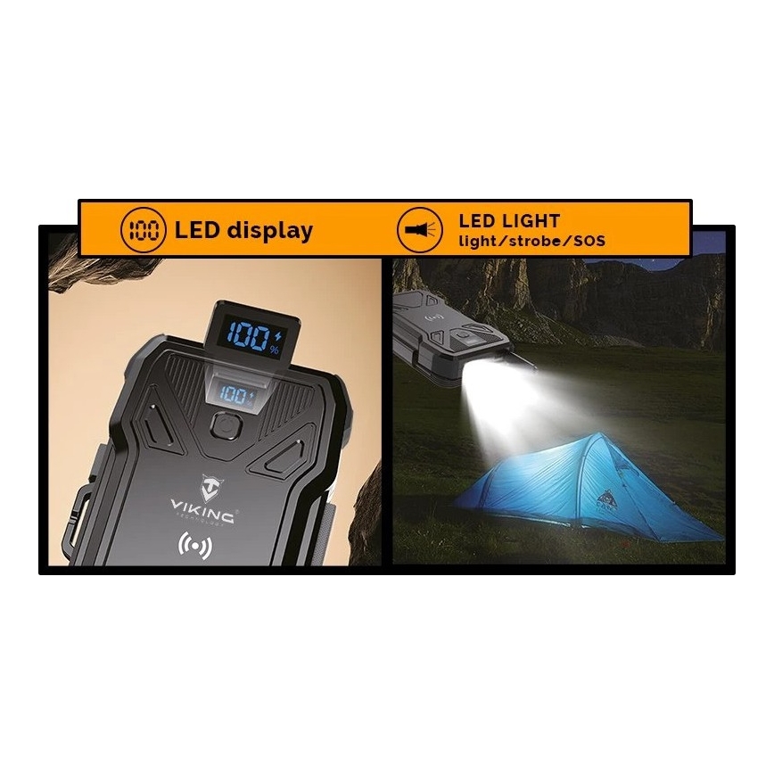 Viking - Batterie externe avec lampe LED, charge sans fil et panneau solaire Power Delivery 22,5W/30000 mAh