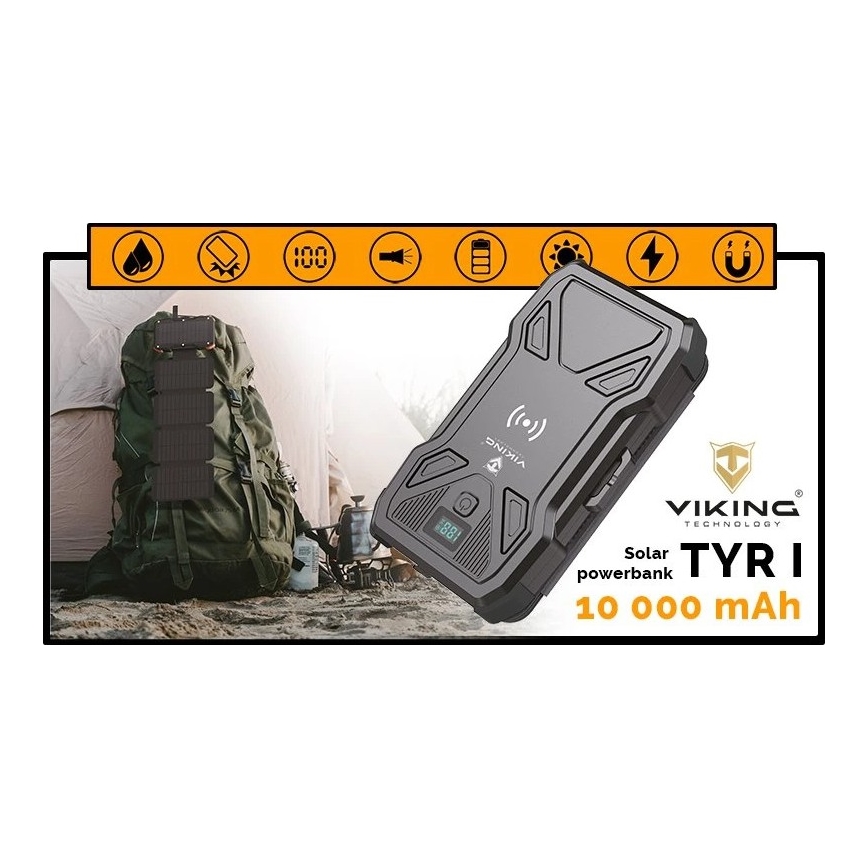 Viking - Batterie externe 10 000 mAh avec lampe torche LED intégrée, charge sans fil et panneau solaire, Power Delivery 22,5 W