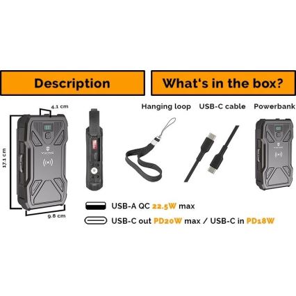 Viking - Batterie externe 10 000 mAh avec lampe torche LED intégrée, charge sans fil et panneau solaire, Power Delivery 22,5 W