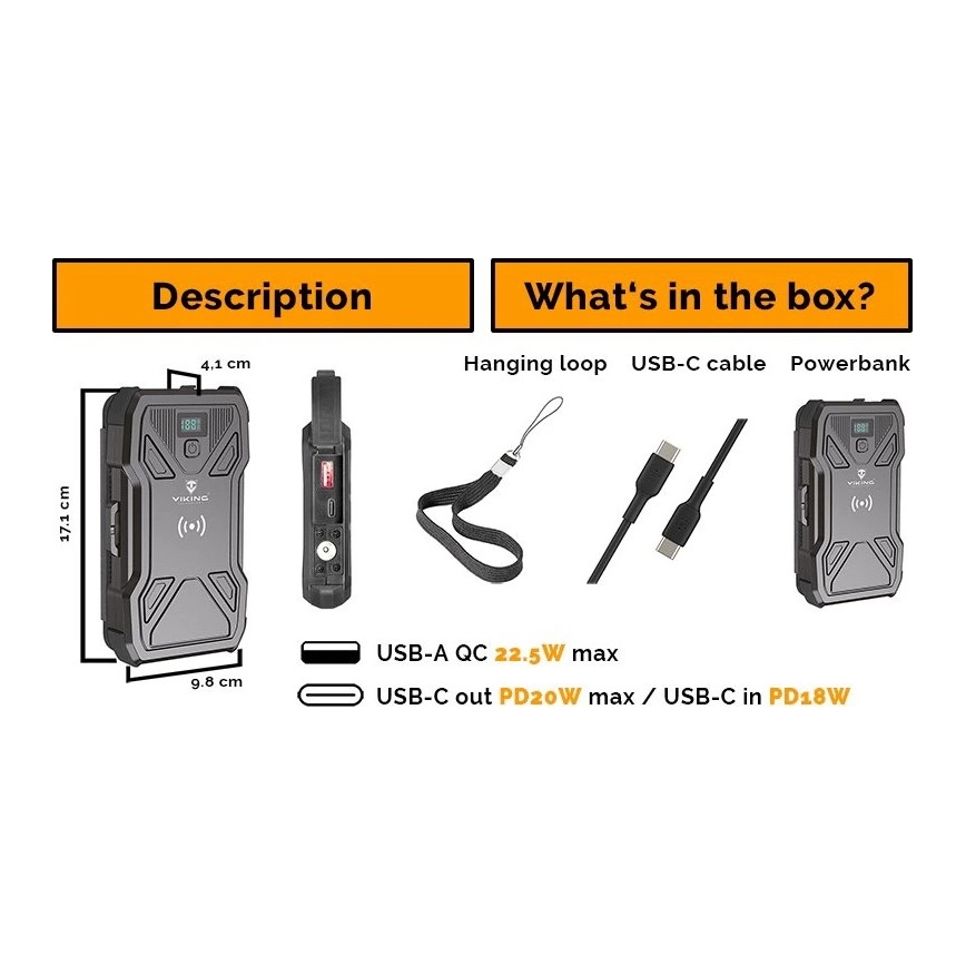 Viking - Batterie externe 10 000 mAh avec lampe torche LED intégrée, charge sans fil et panneau solaire, Power Delivery 22,5 W