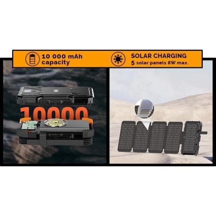 Viking - Batterie externe 10 000 mAh avec lampe torche LED intégrée, charge sans fil et panneau solaire, Power Delivery 22,5 W