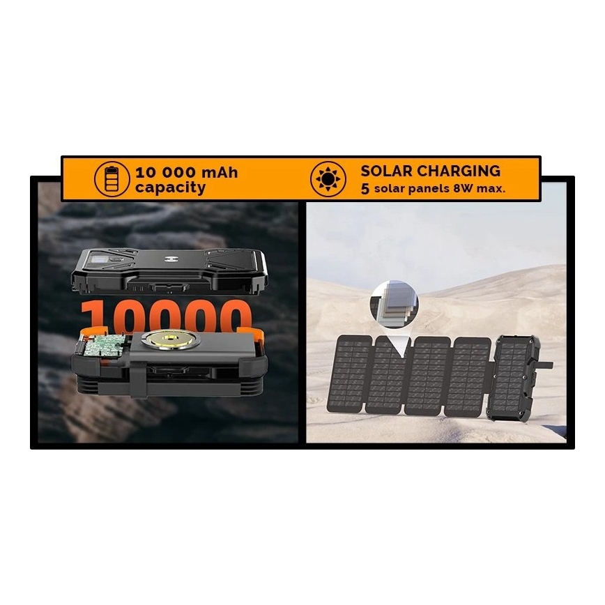 Viking - Batterie externe 10 000 mAh avec lampe torche LED intégrée, charge sans fil et panneau solaire, Power Delivery 22,5 W