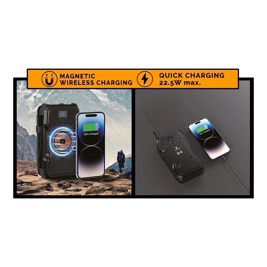 Viking - Batterie externe 10 000 mAh avec lampe torche LED intégrée, charge sans fil et panneau solaire, Power Delivery 22,5 W