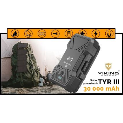 Viking - powerbank met LED-zaklamp, draadloos opladen en zonnepaneel, Power Delivery 22,5 W / 30000 mAh