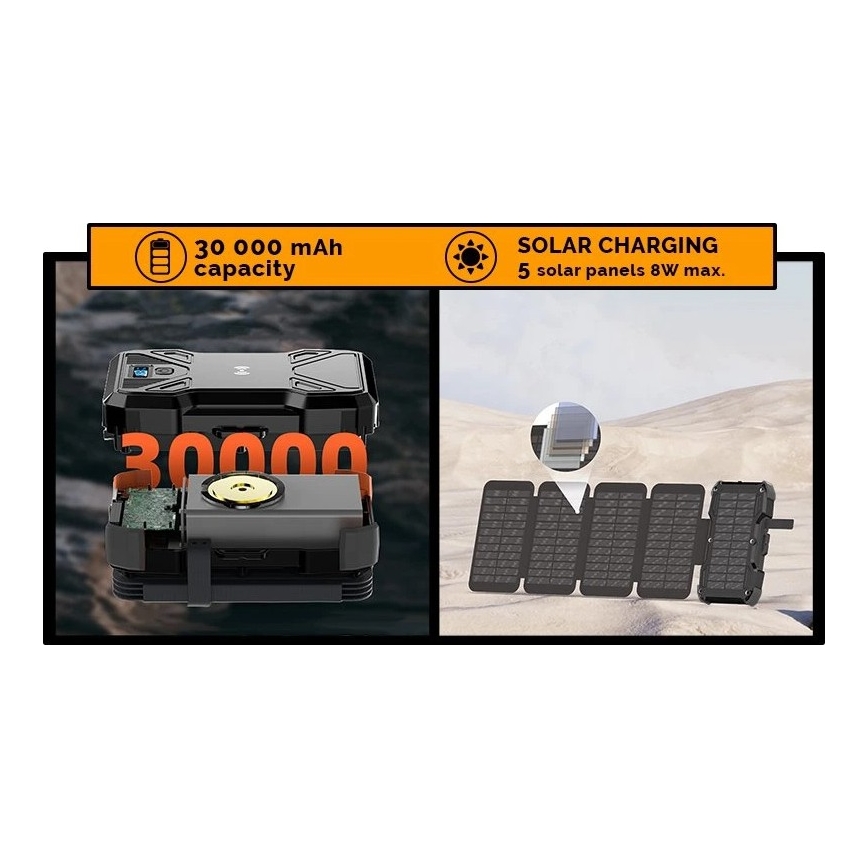 Viking - powerbank met LED-zaklamp, draadloos opladen en zonnepaneel, Power Delivery 22,5 W / 30000 mAh