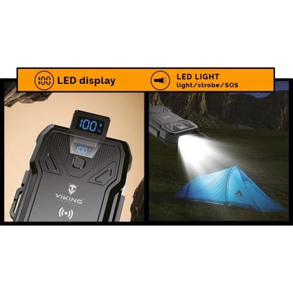Viking - powerbank met LED-zaklamp, draadloos opladen en zonnepaneel Power Delivery 22,5W/10000 mAh