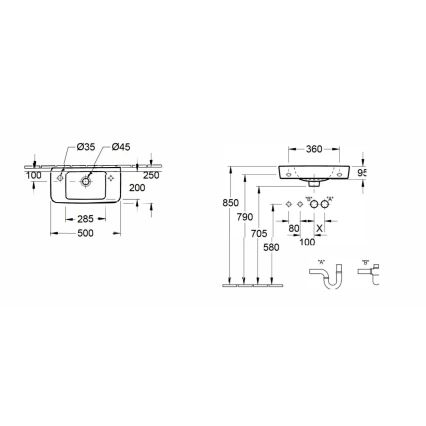 Villeroy & Boch 4342L501 - Hangende wastafel O.NOVO 50 x 25 cm keramiek/wit