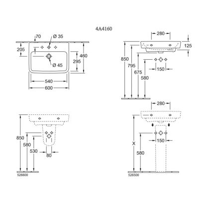 Villeroy & Boch 4A416001 - Hangende wastafel O.NOVO 60 x 46 cm keramiek/wit
