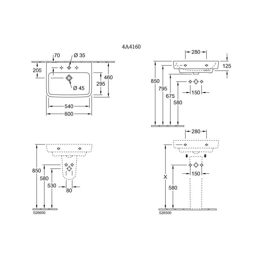 Villeroy & Boch 4A416001 - Hangende wastafel O.NOVO 60 x 46 cm keramiek/wit