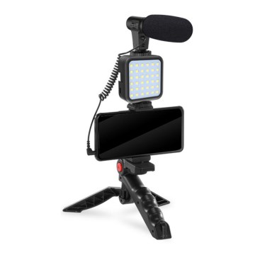 Vlogset 4-in-1 - microfoon, LED-lamp, statief, telefoonhouder