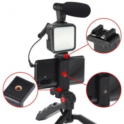 Vlogset 4-in-1 - microfoon, LED-lamp, statief, telefoonhouder
