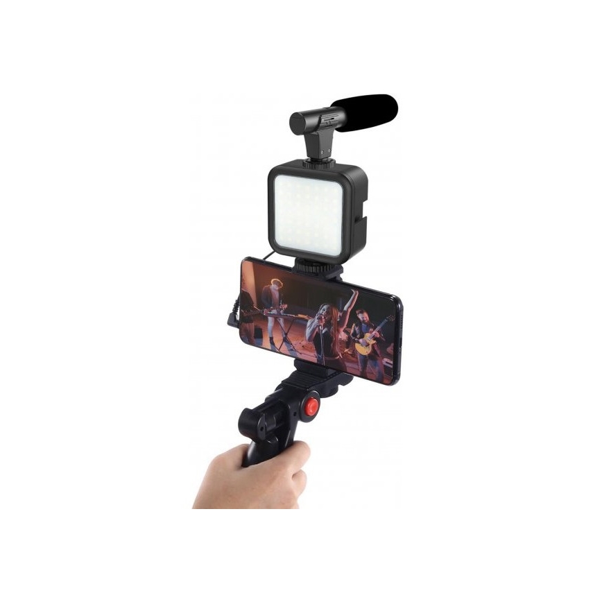 Vlogset 4-in-1 - microfoon, LED-lamp, statief, telefoonhouder