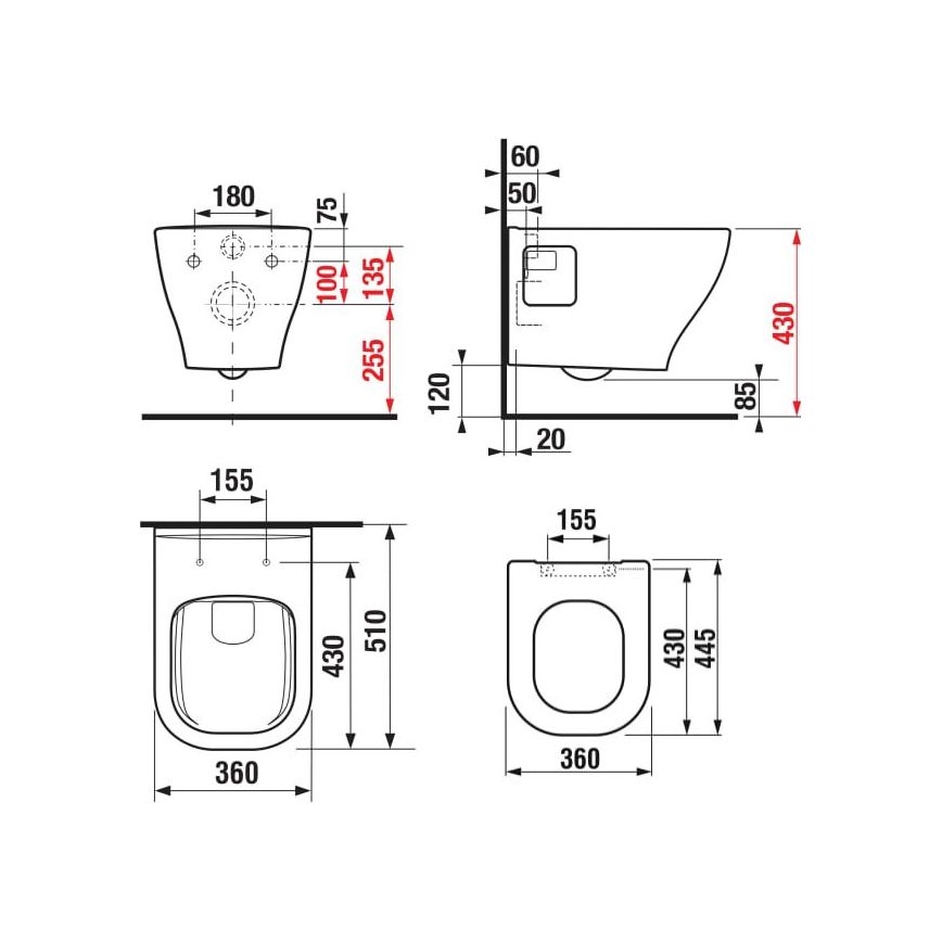 Hangend toilet DEEP + toiletzitting SoftClose DEEP + DUAL-spoelknop + inbouwmodule + isolerende onderlegger